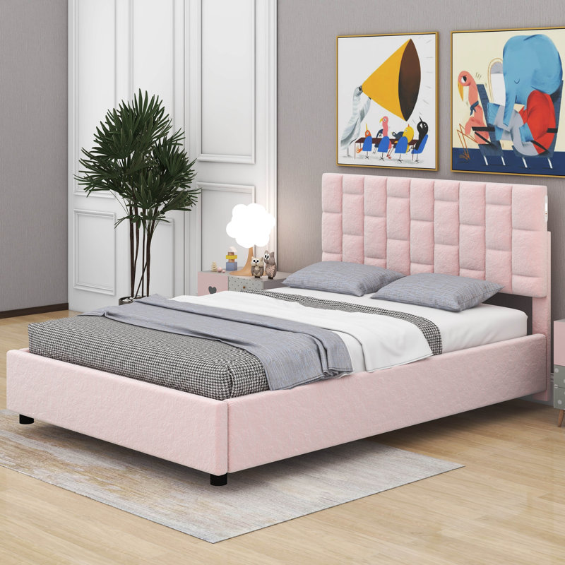 Lit plateforme tapissier avec rangement Huldia, Rose