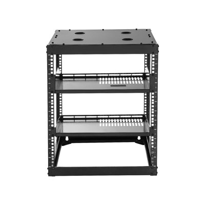 Support réseau 12U à cadre ouvert de 23 po de profondeur, support mural ou sur pied, 4 poteaux robustes, avec tablettes ventilées et quincaillerie de fixation, peut contenir tout votre équipement audiovisuel de réseautage