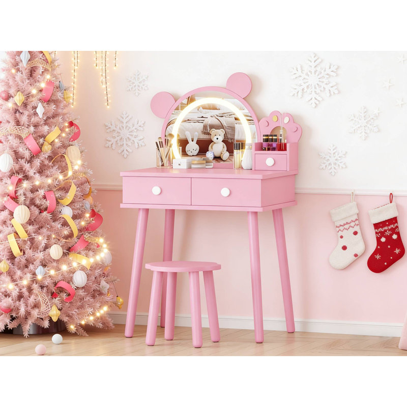 Kids Vanity Table with Lights & Mirror, Bear-Shaped Princess Makeup Set with Storage Drawers, Pink