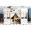 Lit mezzanine double en blanc avec rangement intégré, bibliothèque et rideau, barrières de sécurité, conception d'amusement, style loft, style chalet