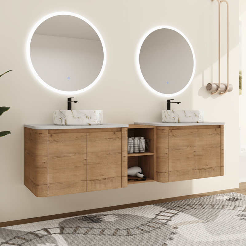 Greythor 72'' Wall-Mounted Double Bathroom Vanity With Ceramic Sink & Storage Shelves,72'' Double Bathroom Vanity Set With Engineered Stone Top