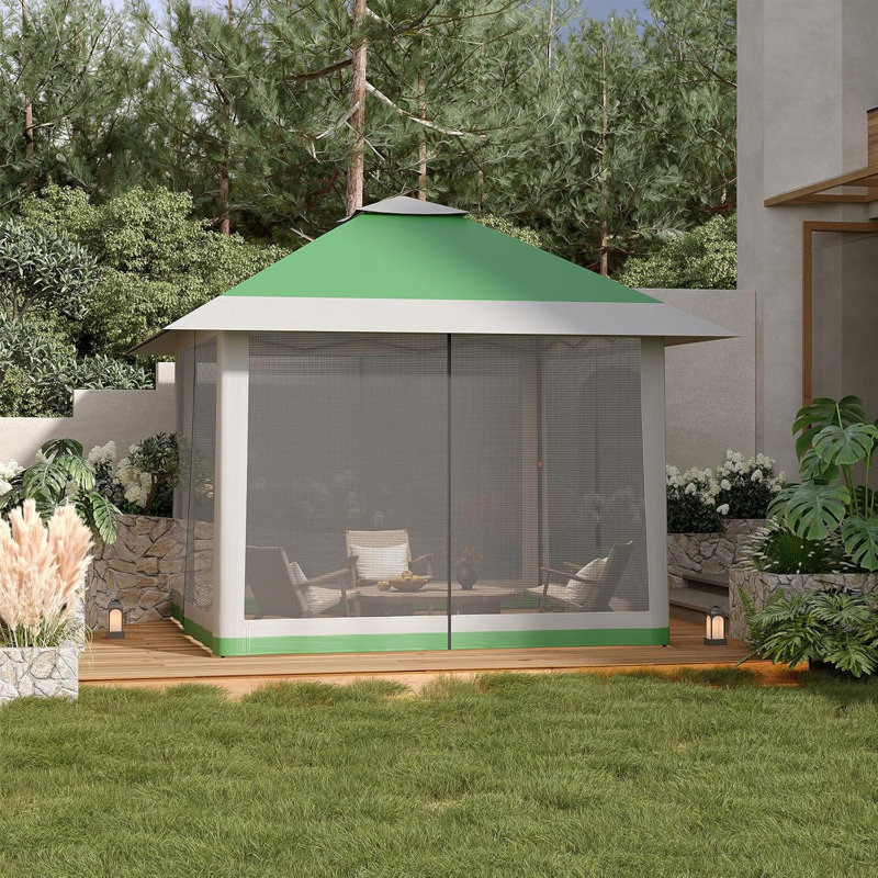 3x3m Double Top Pop Up Gazebo with Mesh Sidewalls, Waterproof Polyester Instant Canopy Shelter with Sandbags for Patio, Backyard, Wedding and Outdoor Party