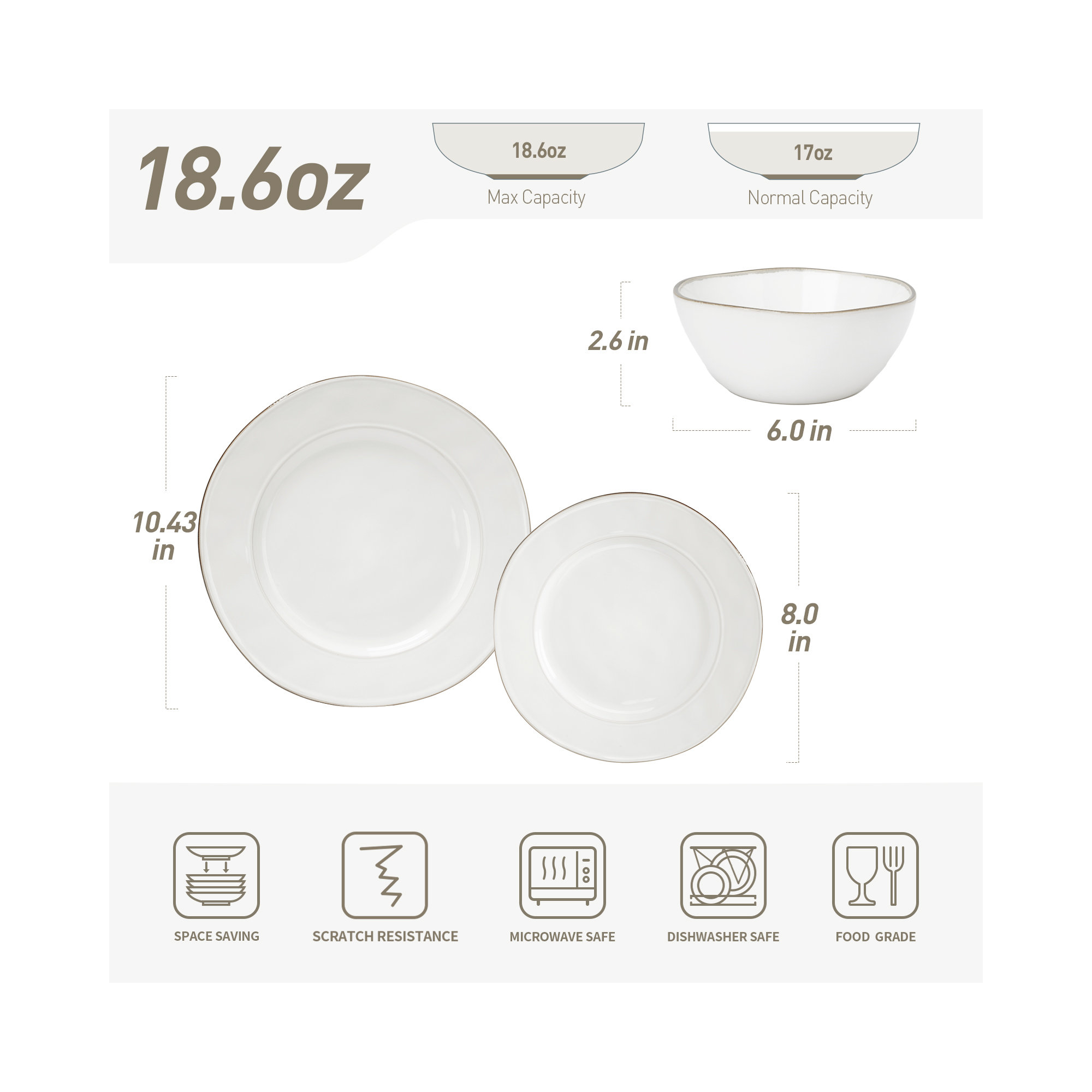  12 piece Stoneware Dinnerware Set - Service for 4, White