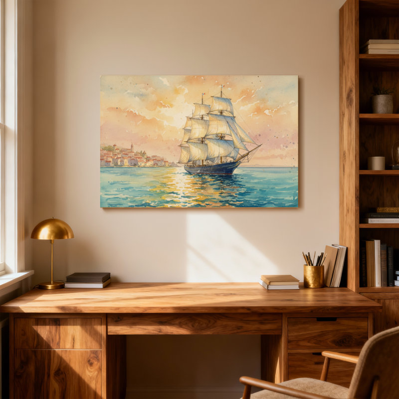 Paysage et nature, bateau à voile, coucher de soleil, ville côtière, art à l'aquarelle, H 24 po x l 36 po