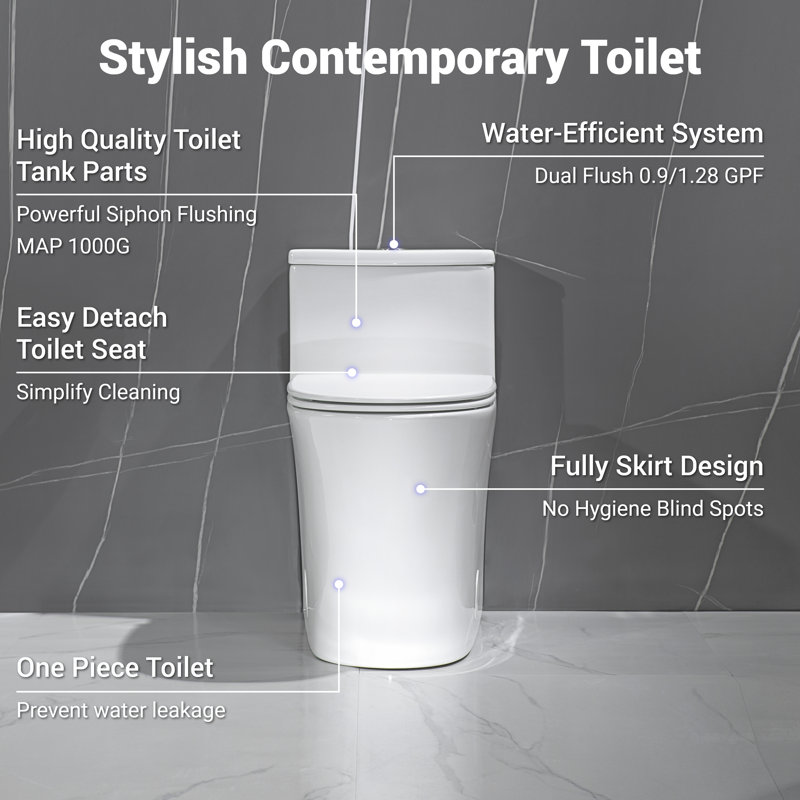 17" Comfort Height One-Piece Elongated Toilet, 0.9/1.28 GPF Dual Flush, MAP 1000g Powerful Siphon Flush, Compact Fully Skirted, Soft Close & Quick-Release Seat, 12" Rough-In, White, BS-S007