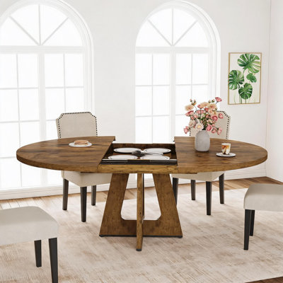 Table de salle à manger extensible ronde 47 "à 63" pour 4 à 8 personnes (table seulement) Vintage | Table de salle à manger ovale avec base en bois et piédestal