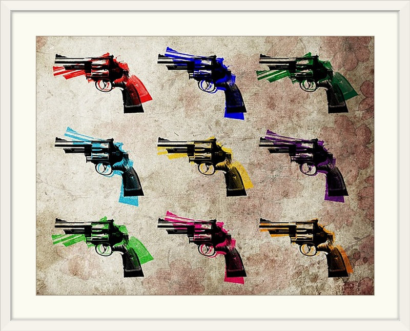 «Nine Revolvers» par Michael Tompsett, impression, H 35 po x l 44 po x P 1 po, Cadre blanc