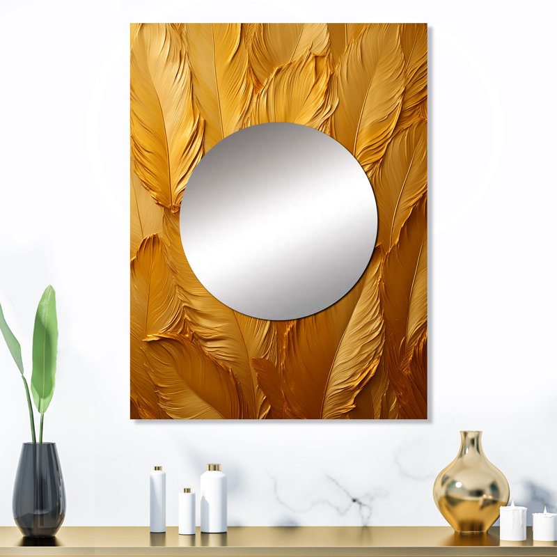Golden Feathers - Feathers Large Mirror, Gold Unique Wall Mirror Decor, Printed Metal Art, 32" x 24"