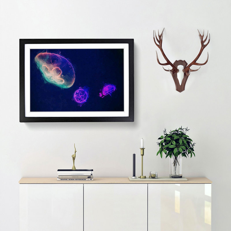 Neon Jellyfish in Abstract - Framed Print, Black Framed, 48cm H x 65cm W x 2cm D