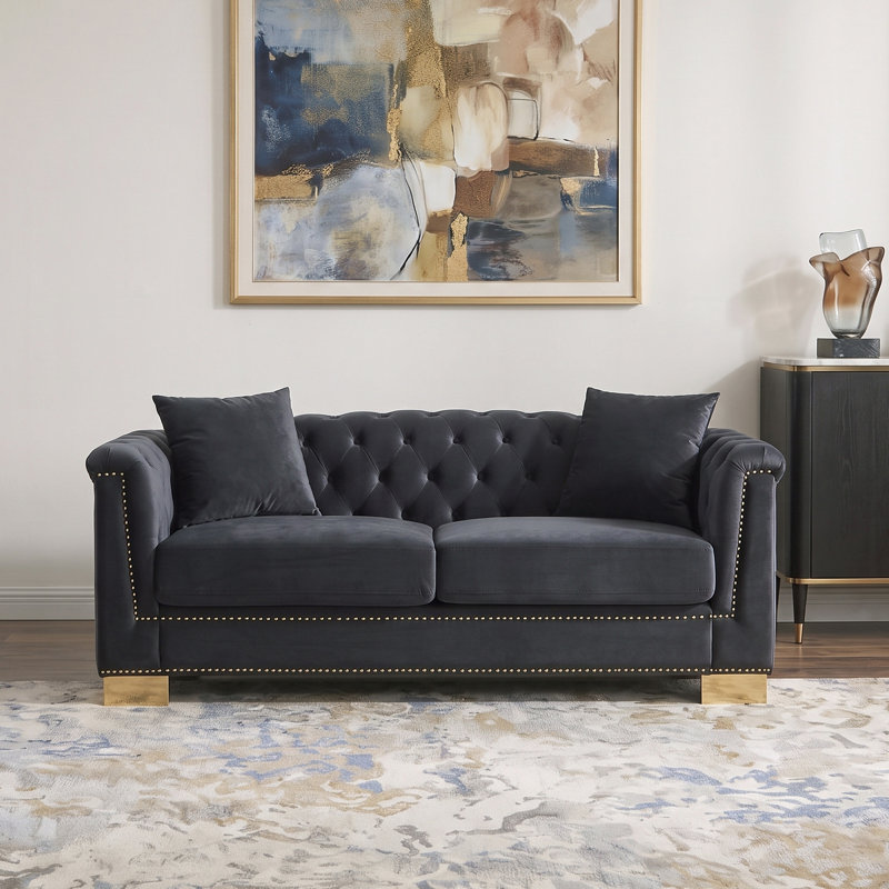 Canapé Chesterfield en velours avec dossier et accoudoirs capitonnés, garniture cloutée, coussins amovibles, structure en bois massif, canapé de salon