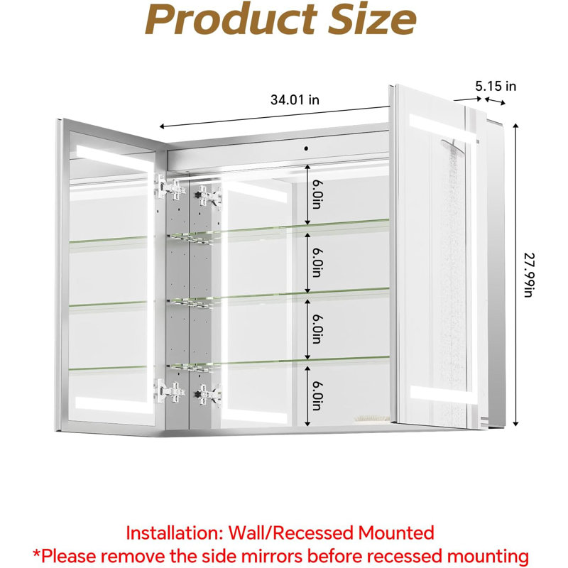 28" H x 34" W Led Medicine Cabinet Mirror For Bathroom, Lighted Medicine Cabinet With Double-side Led Light And Mirror, 3 Color Temp, Anti-fog, Built-in Outlet