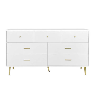 Grande commode à sept tiroirs avec poignée dorée et pieds dorés