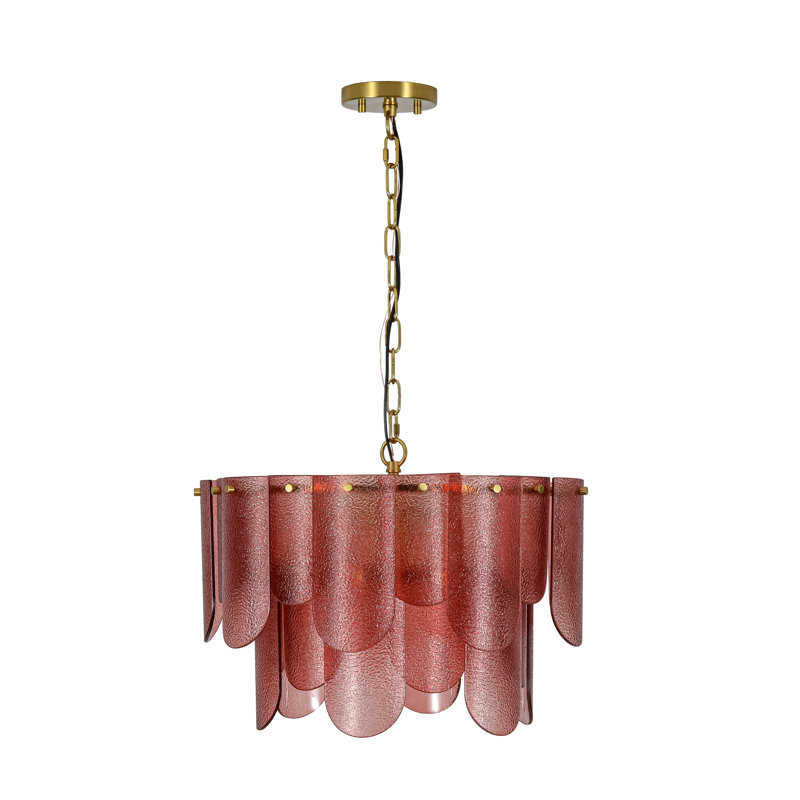 Aaron 19" 5-Light Tiered Burgundy Hammered Glass Chandelier, Adjustable Antique Brass Chain, Burgundy Red