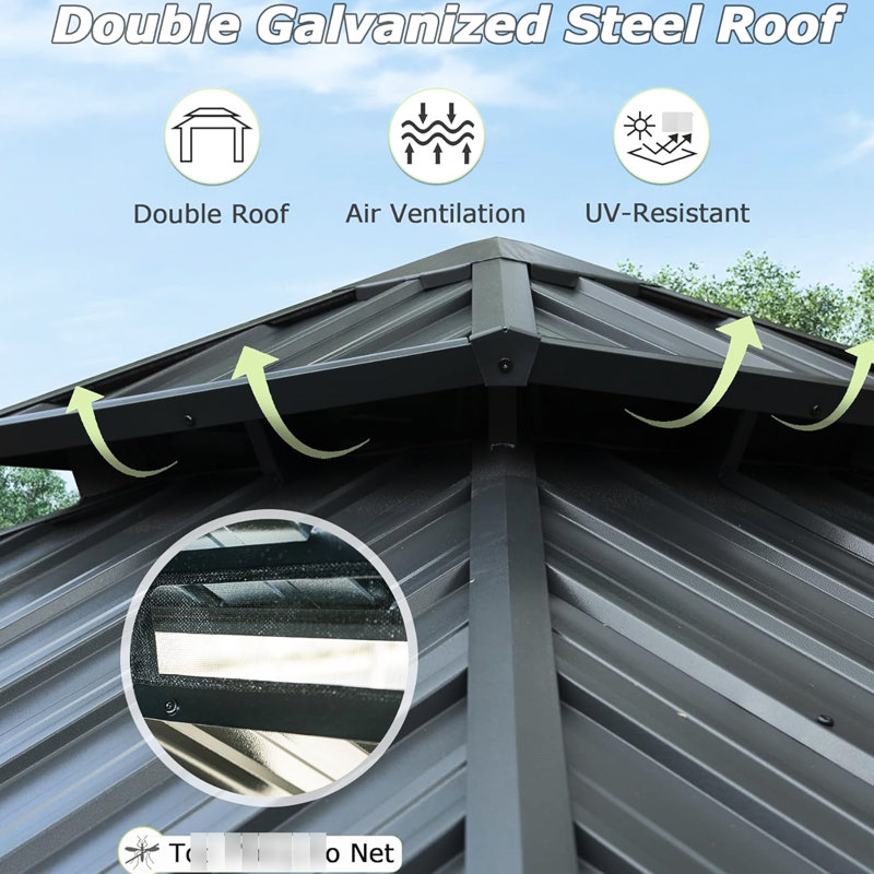 Gazebo de 3 m (10 pi) en métal avec toit double pour patio, cour arrière, terrasse, pelouse - Happy Materials Activity