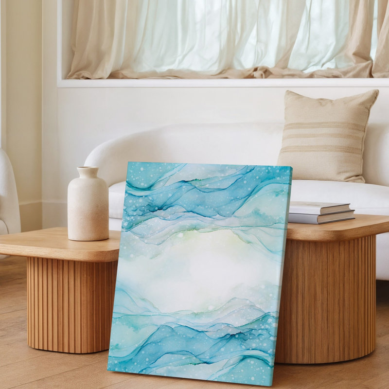 Toile, création d'une scène visuelle sereine et apaisante mettant en vedette un art mural doux sur fond d'aquarelle dans des tons de bleu clair et d'art mural sur toile