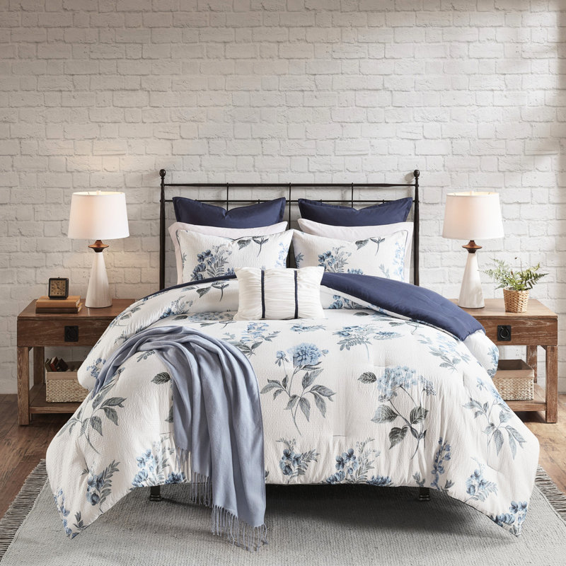 Édredon 7 pièces avec jeté, tissu gaufré à motif floral bleu, imprimé floral imprimé motif seersucker