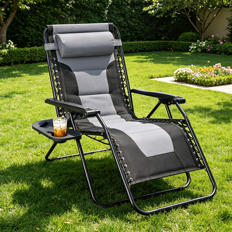 Oversized Padded Zero Gravity Reclining Lawn Chair with Cup Holder (Supports up to 400 lbs), Gray/Black