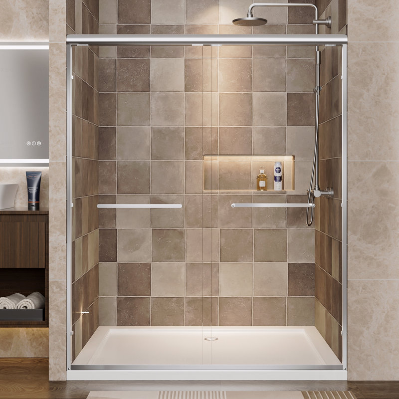 Aluminum Frame Material Double Sliding Opening Shower Door  - 1/4" (6Mm) Clear Tempered Glass With Explosion-Proof Film, Dual Stainless Steel Handles