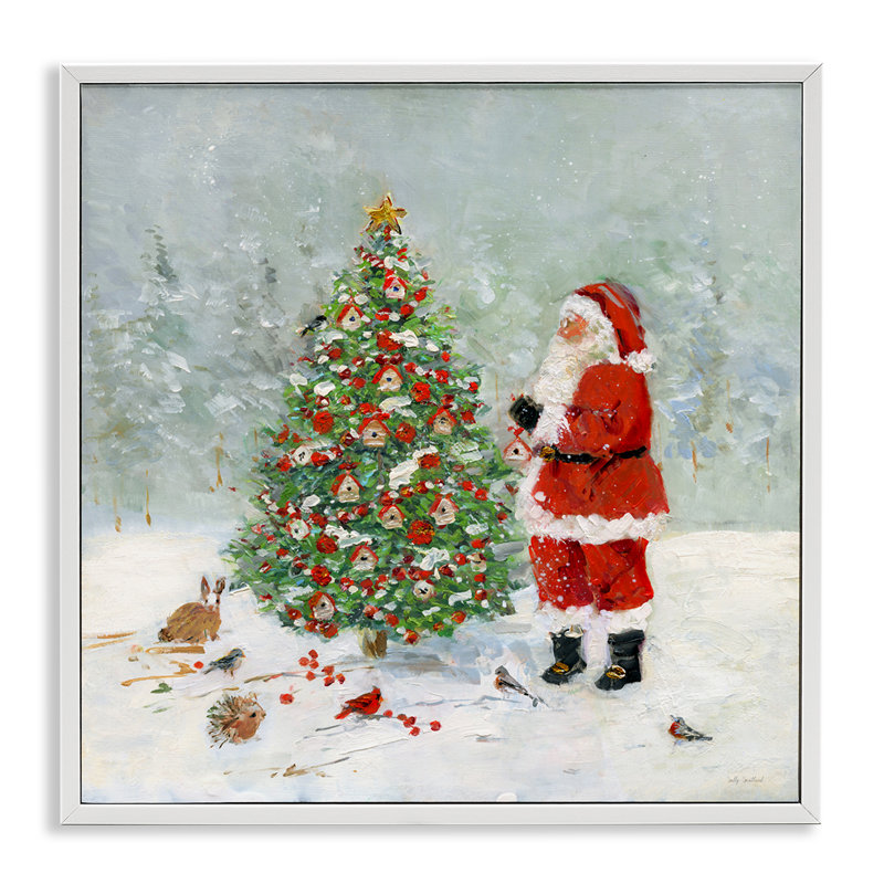 Père Noël avec cabane à oiseaux, estampe numérique par Sally Swatland, H 12 po x l 12 po, Giclée encadrée blanc bord de mer
