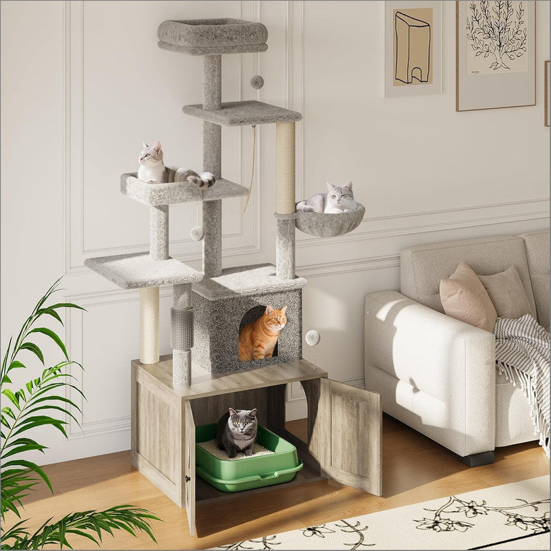 Cat Tree with Litter Box Enclosure, Hidden Cat Washroom Furniture,All-in-one Indoor Kitten House w/Scratching Posts, Multiple Platform and Condo, Modern Style Cat Tower, Hammock