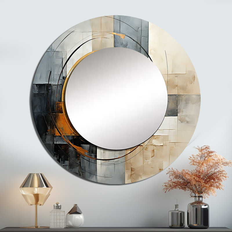 Or gris brillant géométrie VI - miroir mural abstrait de collages, miroir décoratif rond doré, impression d'art en métal