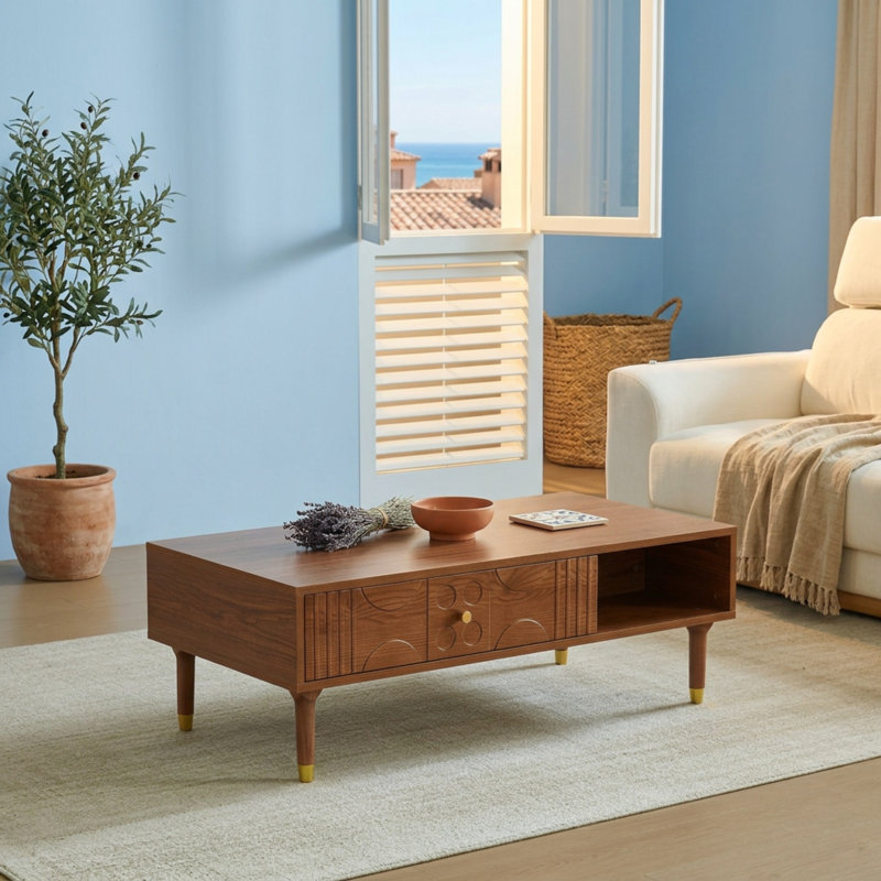 47" Geometric Relief Carved TV Stand, Mid-Century Media Console with Gold Tip Solid Wood Tapered Legs, Warm Walnut Finish Sideboard with Drawers and Open Storage Cubby