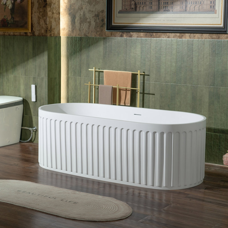 67" L x 29-1/2" W Luxury Contemporary Solid Surface Stone Resin Freestanding Bathtub in Matte White with 2-Drain Covers, Morden Artistic Elegance Design