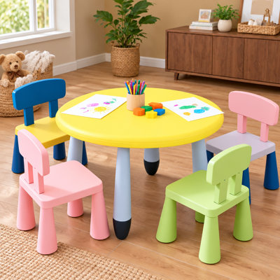 A yellow 5-pack plastic toddler table-and-chair set offers non-slip, easy-to-clean furniture for play, drawing or eating in playrooms, nurseries and daycares.