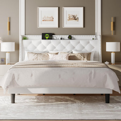 Feonase King Size Bed Frame With Velvet Luxury Wingback And Fast Charging Station (white)