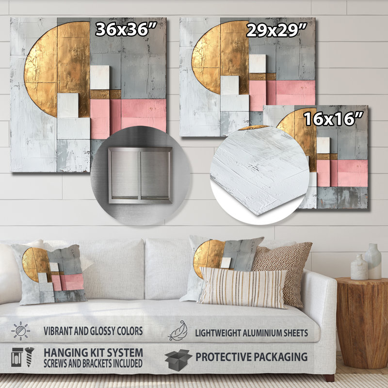 Motif géométrique abstrait géométrique doré rose et gris, H 16 po x l 16 po