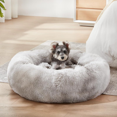 Lit pour chien et chat en fausse fourrure, lit pour chien apaisant original pour petits animaux de compagnie de taille moyenne, lit de chat rond rond et lavable pour animaux de compagnie anti-angoisse (24 po, arc-en-ciel)