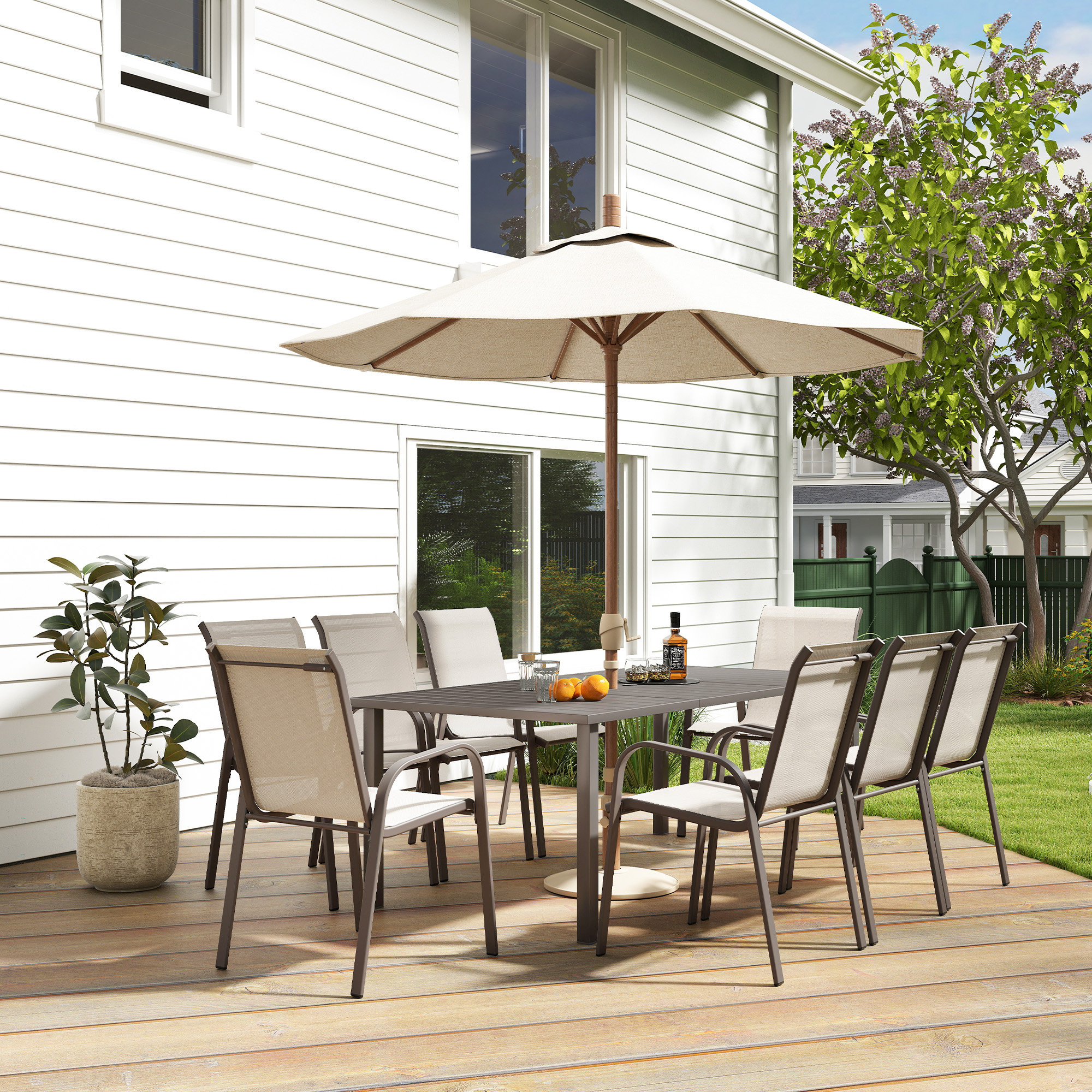 greige patio umbrella Boho Wooden Beige Twisted Fringe 7ft BH7-01P suited for residential outdoor spaces such as gardens Christopher Patio Dining Set With