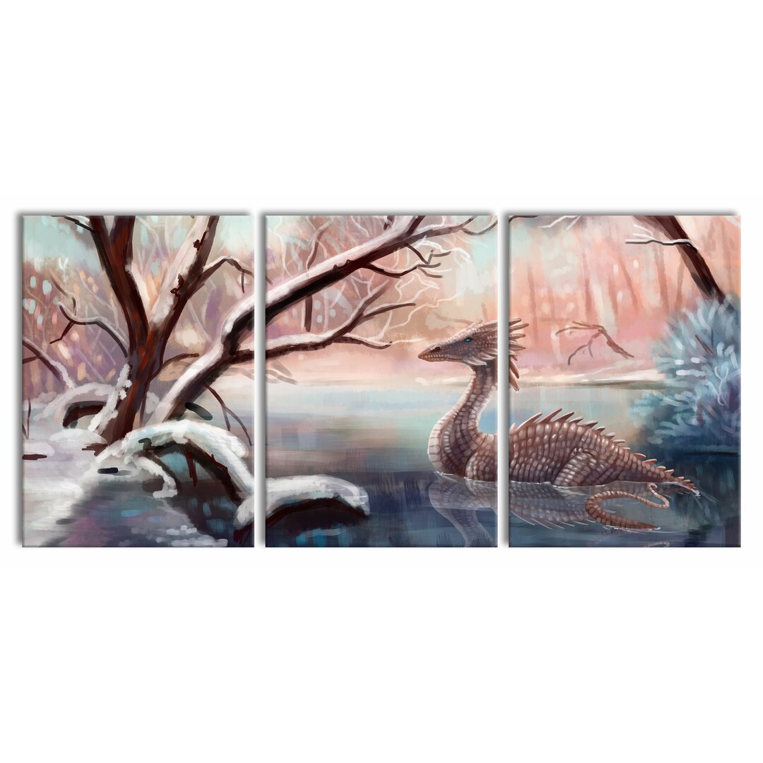 3-tlg. Leinwandbilder-Set Dragon in a Snowy Forest