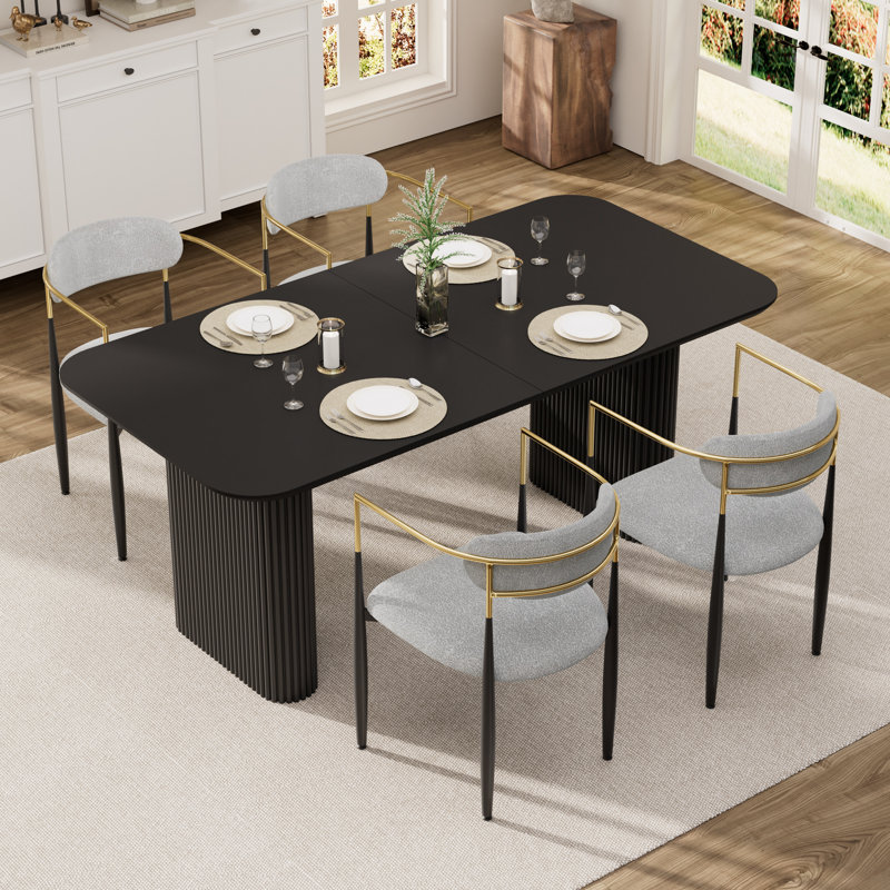 Table de salle à manger rectangulaire pour 4 à 6 personnes, Blanc, 5 pièces: table, 4 chaises, Gris