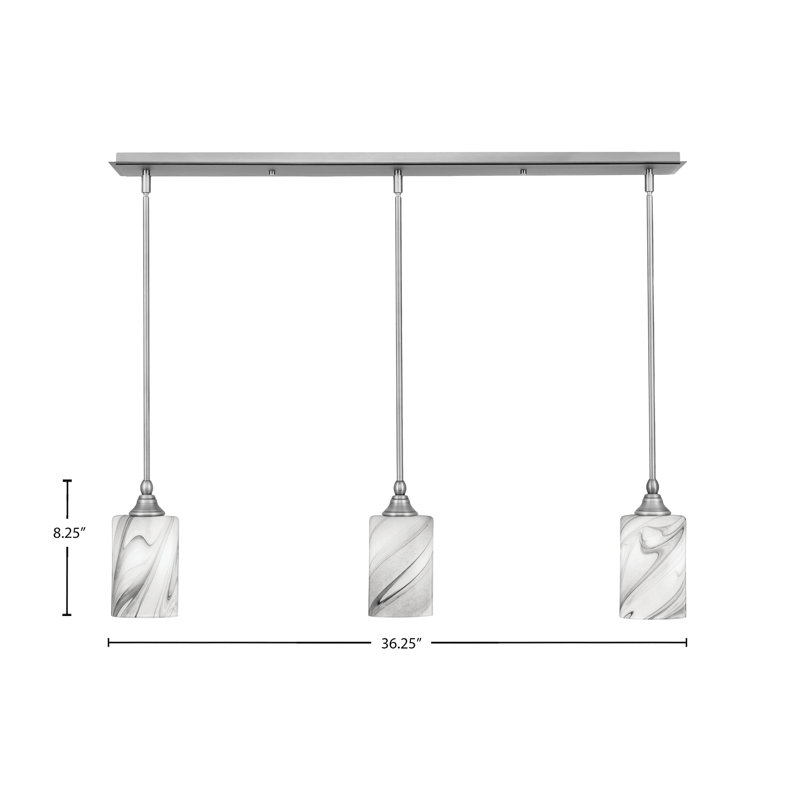 Luminaire suspendu linéaire à 3 lumières suspendu au fini nickel brossé avec verre tourbillon onyx de 4 po