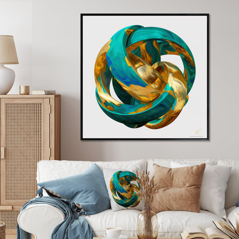 «Confronting Infinity 3D Turquoise Gold Sphere», reproduction sur toile, H 36 po x l 36 po x P 1,5 po, Cadre flottant noir