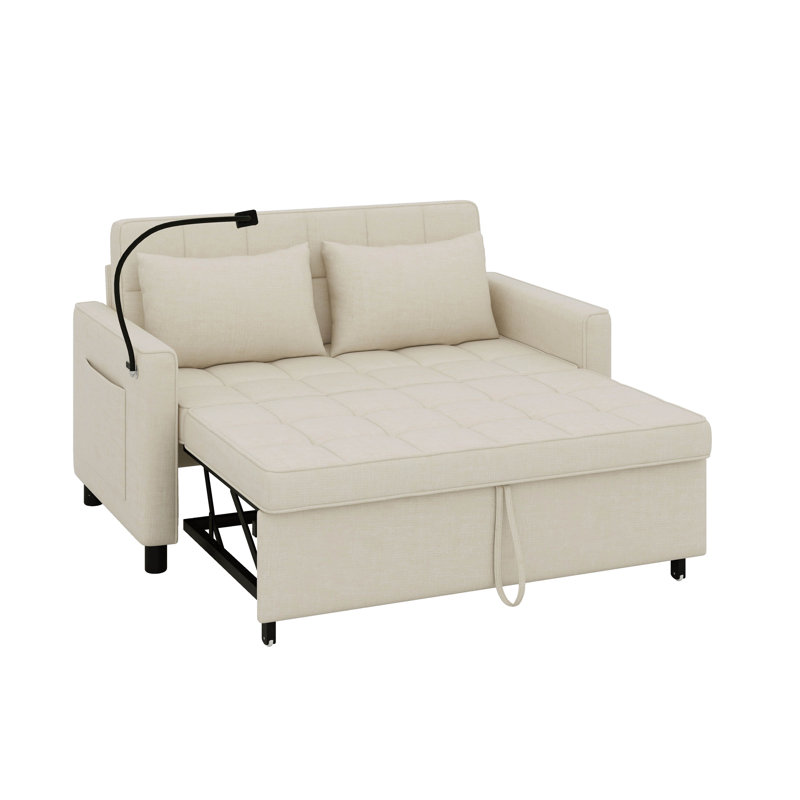 Canapé-lit avec causeuse et dossier réglable avec 2 coussins, sac de rangement, port USB et support pour téléphone, Beige