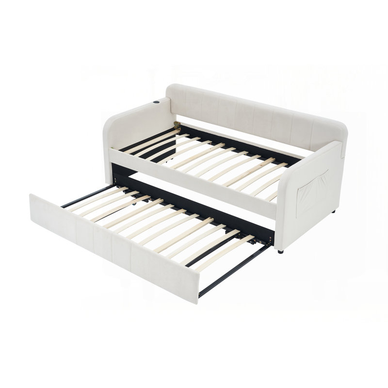 Twin Upholstered Daybed Frame with Trundle, Beige
