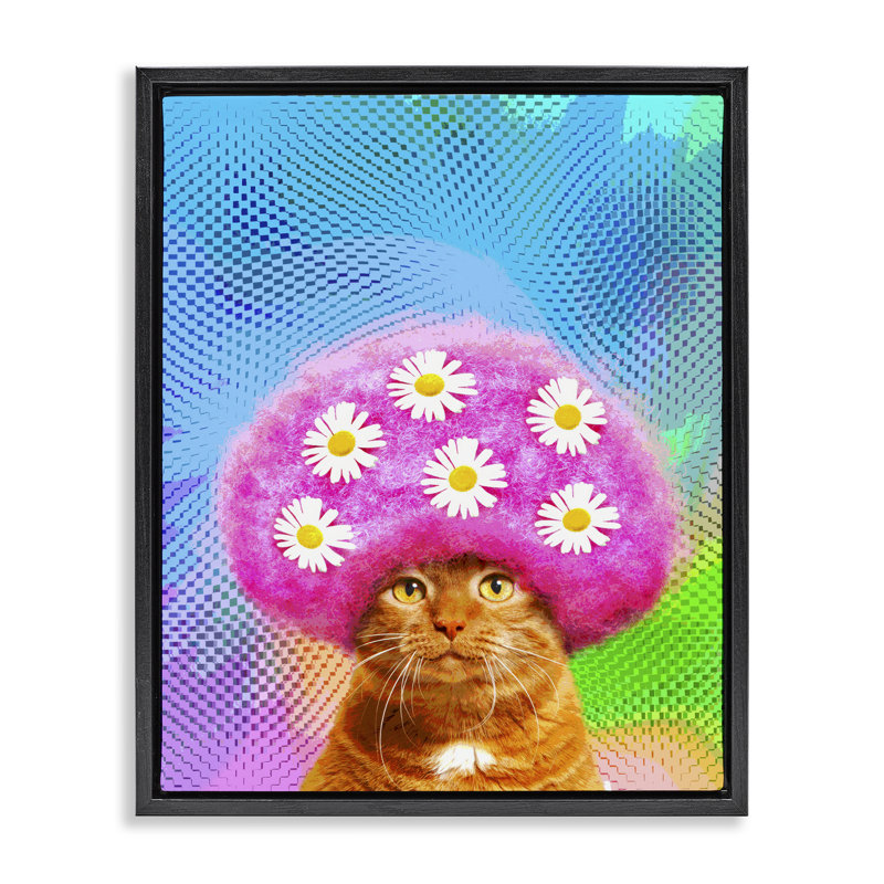 «Groovy Daisy Wig Cat Floater», art mural sur toile par Michael Quacken, Cadre flottant noir de jais, H 21 po x l 17 po