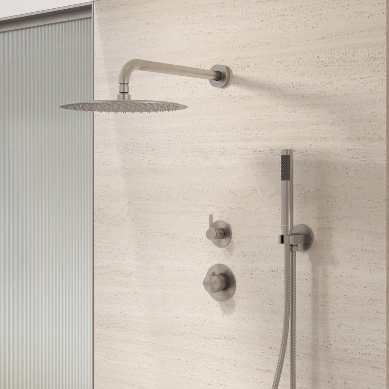 Tinian Thermostatic Shower System with Split Control Panel with 12-inch shower head, Handheld Shower in Brushed Nickel