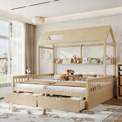 Double Twin Platform Bed With Storage Shelves And Drawers; Slat Kit, House-Style Frame For Kids' Rooms, Durable And Organized