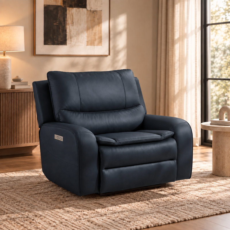 Fauteuil inclinable électrique double surdimensionné de 48,5 pouces en similicuir avec port USB intégré, Blue