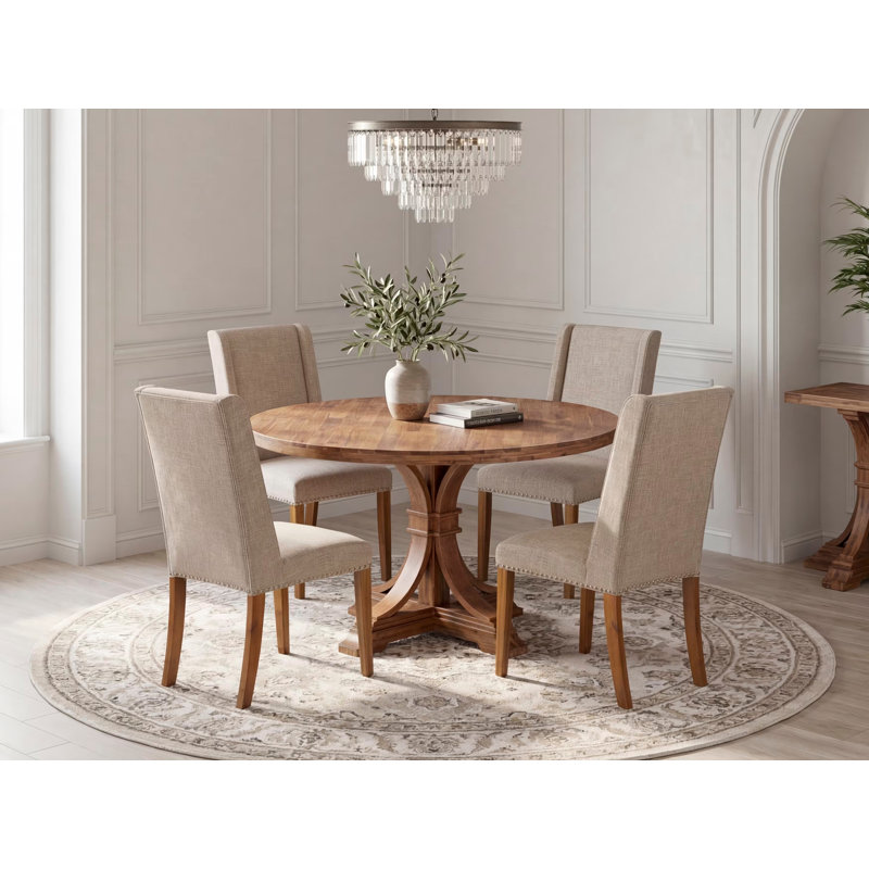 5-piece Kitchen Table Set consists of a dinner table and 4 Light Tan Linen Fabric dinner chairs with Padded Back - Antique Walnut