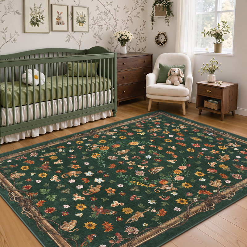 Tapis lavables, tapis de chambre à coucher Boho Soft, tapis d'intérieur à faible épaisseur antidérapant, Vert