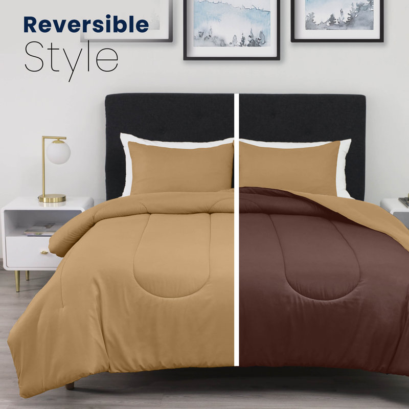 Martex Solid Color Reversible Comforter and Sham Bedding Set Super Soft Brushed Fabric, Khaki / Chocolate