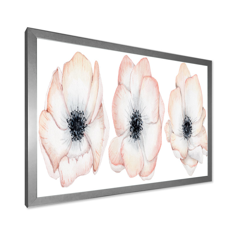 Aquarelle, anémone et fleurs roses - Peinture sur toile, H 12 po x l 20 po, Cadre de coin argenté fermé