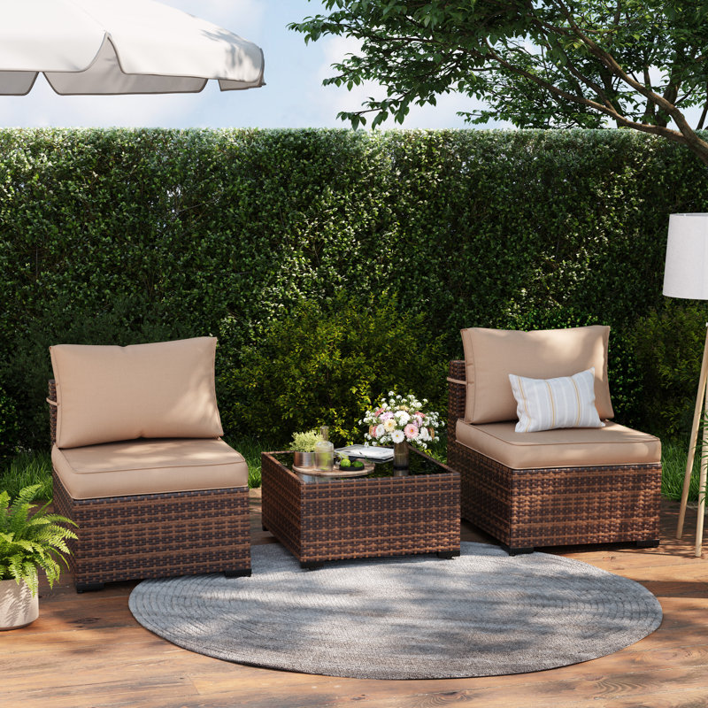 Naveena 2-Person 3-Piece Wicker Seating Group with Glass Top Table , Beige