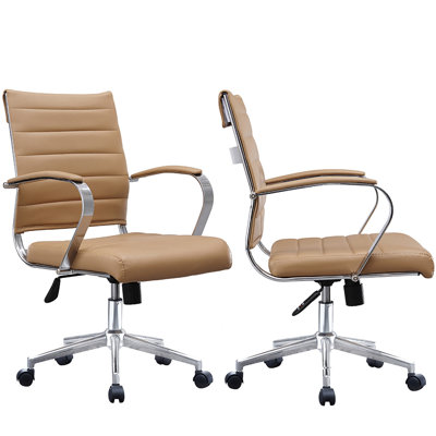 Ergonomic Mid-Back Ribbed PU Leather Executive Office Desk Chair with Padded Arms, Swivel Tilt, Comfortable for Home Office & Conference Room, Beige Tan