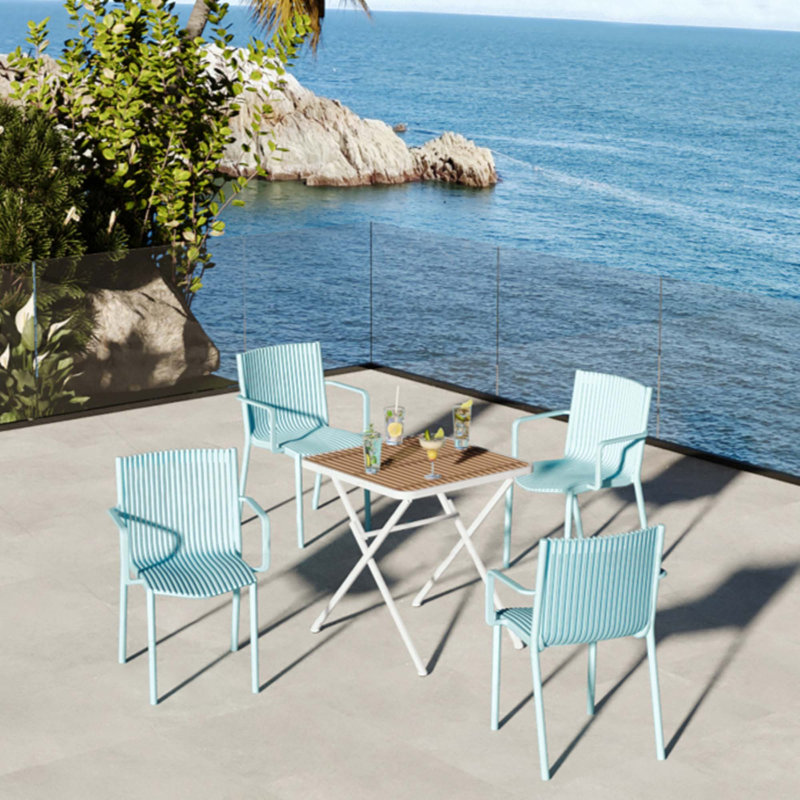 4Pcs Stackable PP Armchair For Indoor/Outdoor Use-Ergonomic Slatted Back With Modern Folding Indoor/Outdoor Multi-Functional Square Table- PP Tabletop With Metal Legs