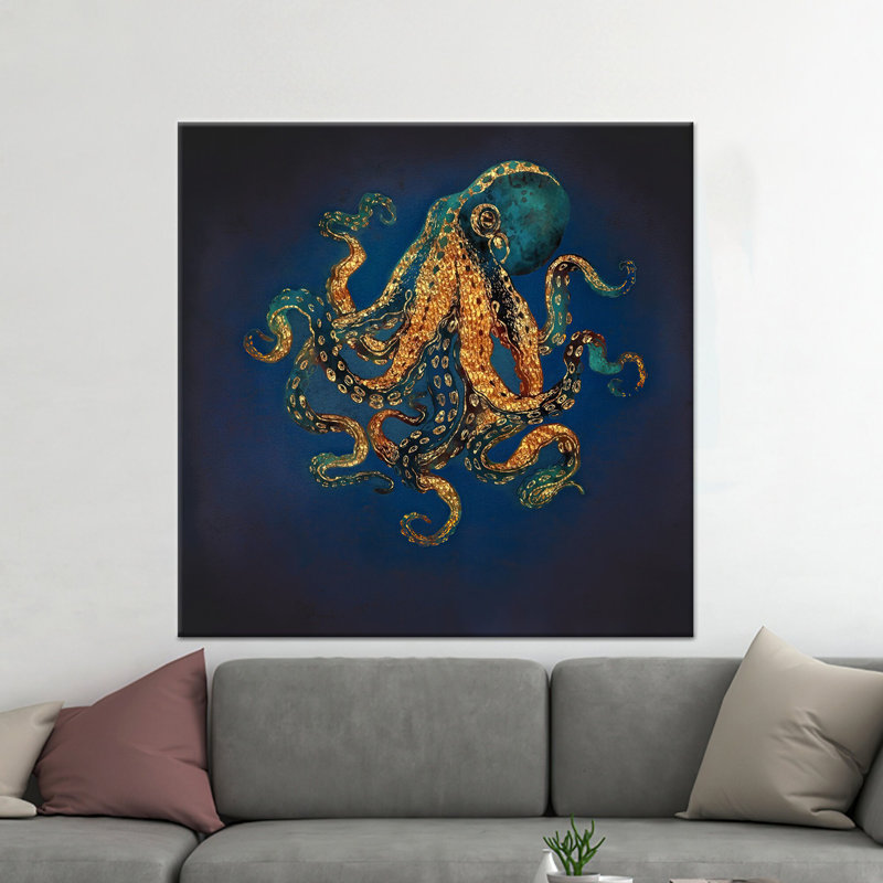 Élégante reproduction sur toile de pieuvre dorée: décor moderne en verre trempé, toiles à cadre blanc 1P